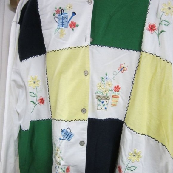 VTG ALFRED DUNNER SWEATSHIRT MATERIAL JACKET W/GARDENING THEME & BLOCKS, 3X - Picture 3 of 9